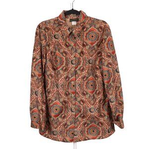 David Paul Button Up Shirt L Womens Napped Red Beige Paisley 90 Retro Camp USA